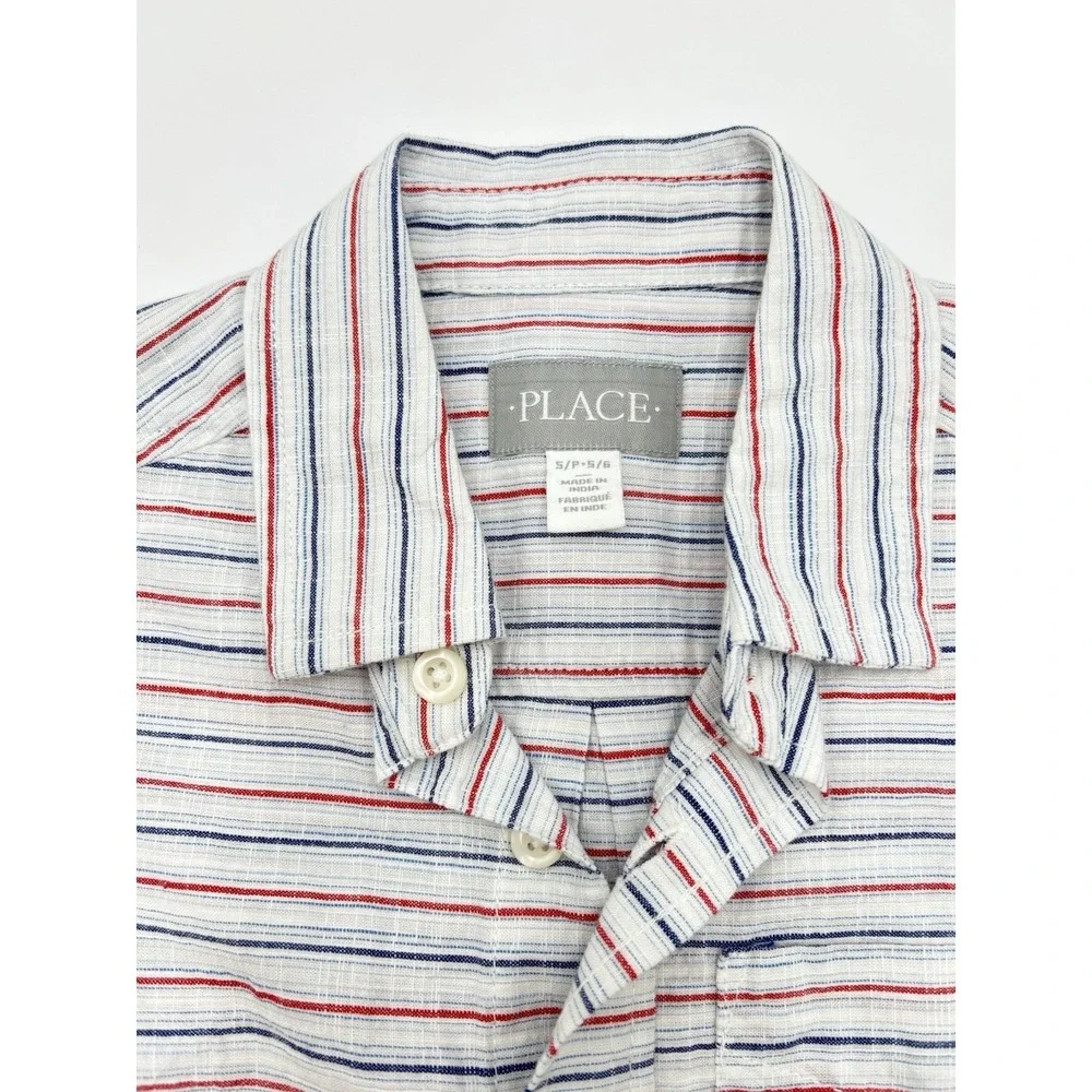 The Children's Place Boys Button Up Shirt Striped‎ Red White Blue Cotton Sz 5/6